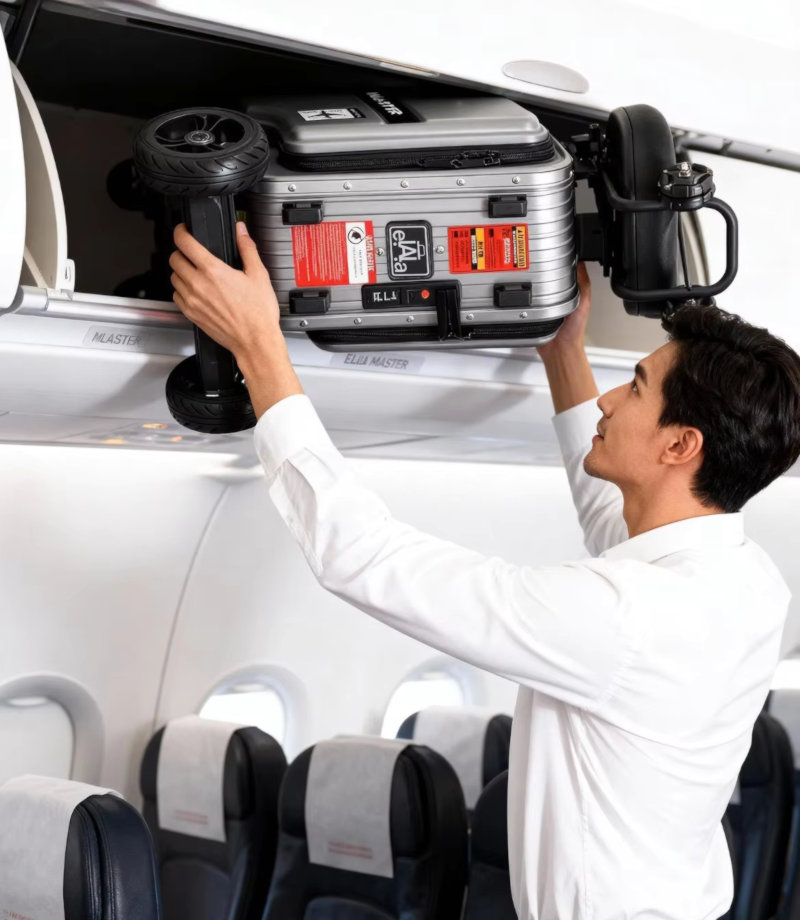 A Person Places an Elala Master Electric Suitcase into the Overhead Compartment on the Plane