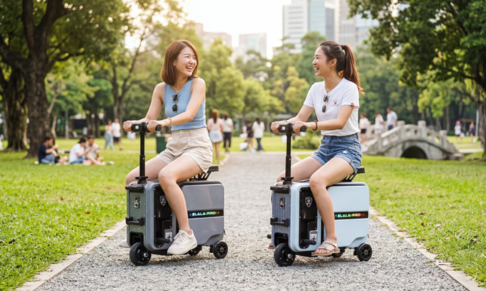 Two Persons are Riding Their Own Elala Pro Electric Suitcase While Sitting on It