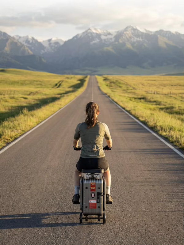 A Person is Riding an Elala Pro Electric Suitcase While Sitting on It