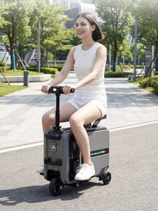 A Person is Riding an Elala Pro Electric Suitcase While Sitting on It