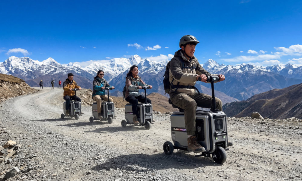 Four Persons are Riding Their Own Elala Master Electric Suitcase While Sitting on It