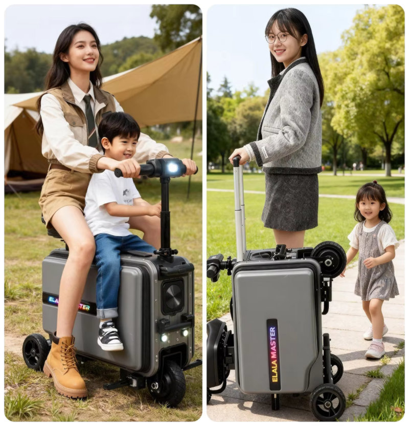 Two Mothers and Their Children, Each Carrying Their Own Elala Master Electric Suitcase