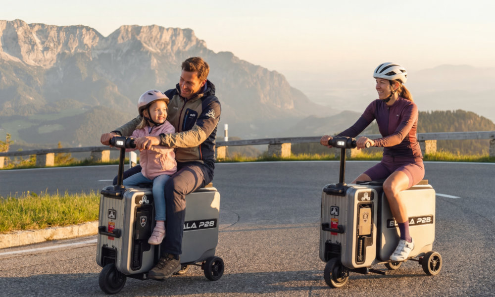 Three Persons are Riding Their Elala P28 Electric Suitcase While Sitting on It