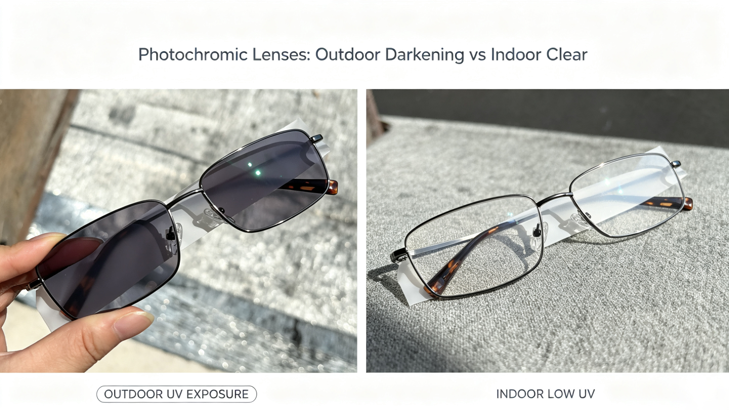 Photochromic prescription sunglasses indoor transparent outdoor UV color changing lens comparison for optical store wholesale