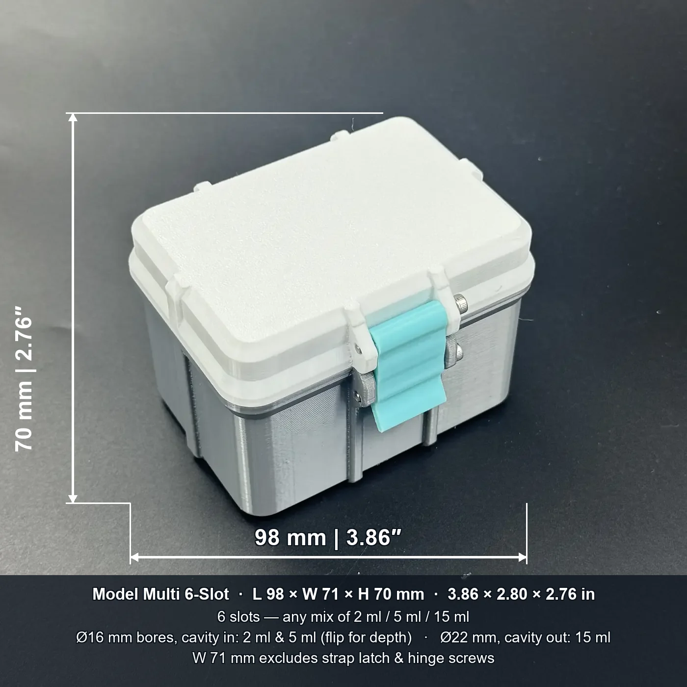 multi-size vial storage box dimensions: 98 x 71 x 70 mm, six slots mixing 2ml, 5ml and 15ml vials in any combination