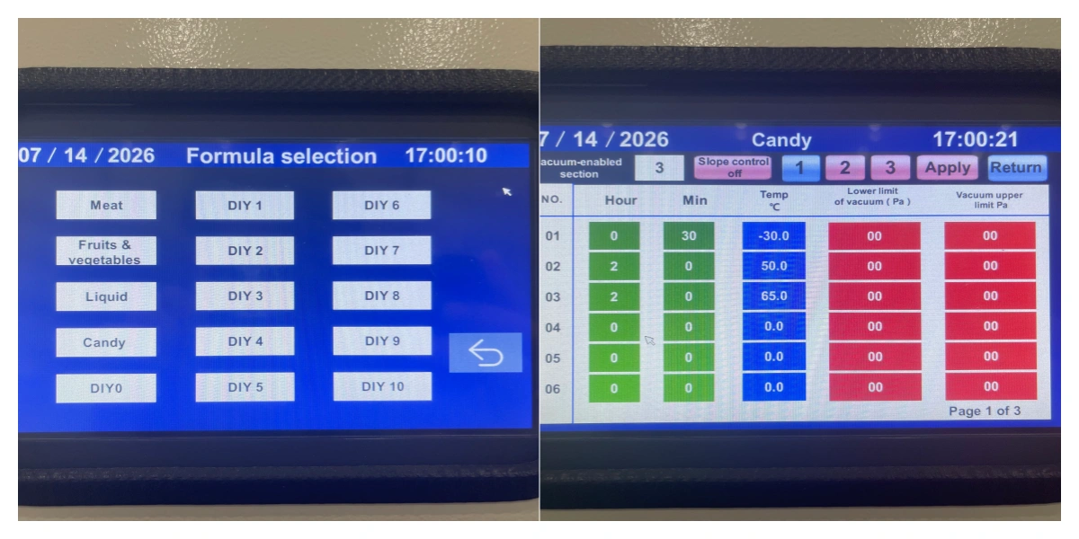 A composite image of the Geliss HFD-4 freeze dryer PLC touchscreen control panel, displaying the multi-preset 'Formula selection' menu alongside the dedicated 'Candy' recipe optimization profile with automated temperature curves.